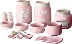 the pink kitchen accessories are ready to be used in the house or for decorating