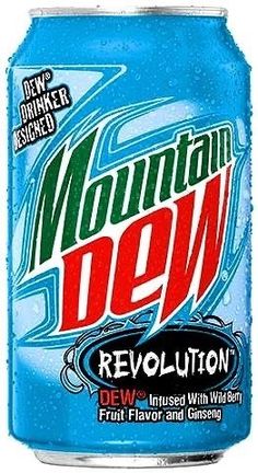 mountain dew beverage is shown on a white background with blue and red lettering, which reads mountain dew revolution