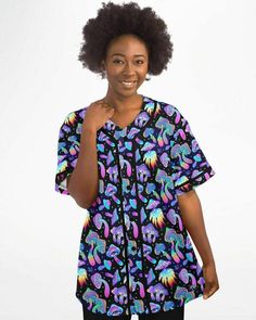 Discover the magic of our Shroomin Black Baseball Jersey, a unique and eye-catching addition to your wardrobe. This black jersey features a stunning all-over mushroom print, adding a vibrant pop of color to your jersey collection. Made with moisture-wicking fabric, it offers a lightweight and breathable feel for ultimate comfort. Plus, our high-definition printing ensures that the captivating design won't fade after washing. Get ready to stand out with this one-of-a-kind baseball jersey. 100% po Black Crew Neck Top With Rainbow Print, Casual Black Tops With Rainbow Print, Black Short Sleeve Top With Mushroom Print, Black Crew Neck Top With Mushroom Print, Forest Clothes, Jersey Collection, Mushroom Print, Rave Outfit, Mini Hands