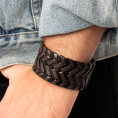 Brown Leathery Cording Is Laced Across The Front Of A Thick Black Leather Band, Creating An Edgy Chevron-Like Pattern. Features An Adjustable Snap Closure. Trendy Brown Leather Bracelet, Casual Leather Bracelet, Beach Wedding Red, Mens Bracelet Designs, Lava Rock Bracelet, Urban Jewelry, Orange Bracelet, Feather Bracelet, Brown Bracelet