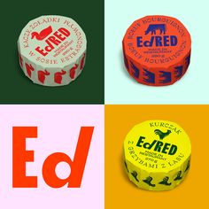 four different types of food are shown in the same color scheme, each with an e - red logo