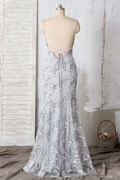 Sparkly Silver Floral Sequin Gray Sexy Open Back Mermaid Prom Gown Prom Dresses Grey Silver, Mermaid Prom Gown, Silver Bra, Mermaid Gown Prom, Grey Prom Dress, Bra Support, Long Formal Gowns, Homecoming Dresses Long, Sequin Appliques