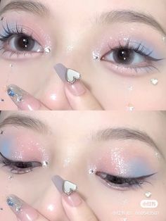 Pastel Korean Makeup, Makeup Celeste, Cinnamoroll Makeup, Seventeen Makeup, Pop Makeup, Cute Eye Makeup, Makeup Accesories, Ethereal Makeup, Asian Eye Makeup