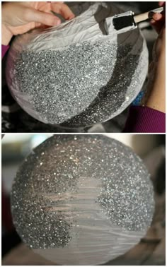 two pictures showing how to make an ornament out of plastic and paper plates