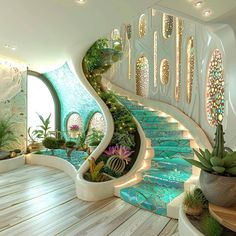 this is a very unique staircase with plants on the side and lights on the sides