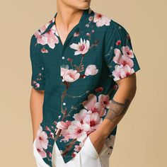 Introducing our Hawaiian Shirt for men, featuring vibrant floral patterns and a comfortable button-up design, perfect for the travel-loving boho enthusiast. This retro vacation wear blends style and comfort effortlessly, making it an ideal casual button-down choice for those seeking laid-back charm with a touch of nostalgia. 𝐃𝐄𝐓𝐀𝐈𝐋𝐒 🌸95% Polyester | 5% Spandex 🌸Boxy fit, straight cut 🌸Runs large, check your measurements against size chart 🌸Includes Chest Pocket 🌸Colors may appear dif Floral Shirt Outfit, Cherry Blossom Shirt, Retro Vacation, Flower Button, Vacation Wear, Blue Hawaiian, Mens Hawaiian Shirts, Travel Lover, Floral Shirt