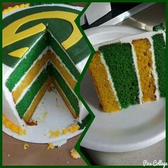 there is a green and yellow cake with white frosting on the bottom, next to it's slice missing