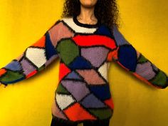 Hand knitted Sweater -  Jacket - Hand knitted production from the best quality wool ! Multicolor Crew Neck Sweater With Color Matching, Multicolor Winter Sweater With Color Matching, Multicolor Acrylic Color Block Sweater, Retro Multicolor Acrylic Sweater, Multicolor Mohair Sweater With Crew Neck, Multicolor Mohair Crew Neck Sweater, Multicolor Mohair Sweater For Winter, Multicolor Mohair Sweater For Fall, Multicolor Long Sleeve Mohair Sweater