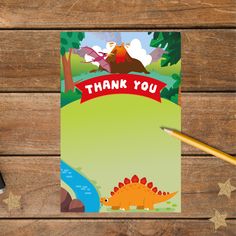 a thank you card with an image of a dinosaur and a mountain in the background