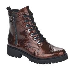 The shimmering brown women's lace-up boot by Remonte has a clean, modern look. This is mainly due to the monochrome imitation leather in patent look and the original, metallic lacing eyelets. Also, it has a rougher, profiled outsole, as it is just the trend in the cold seasons. It's also flexible, gives you sure-footedness and has a back-saving effect thanks to the 3.5 cm block heel. In addition to the long lacing, the women's shoe is also equipped with no less than two functional zippers. Insid Women's Lace Up Boots, Lace Heels, Free Shoes, Boot Brands, Clean Modern, The Trend, Lace Up Boots, Socks Women, The 3