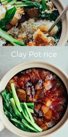 two pictures showing the same food in different bowls, one with rice and another with vegetables