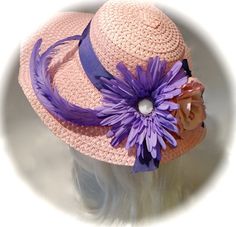 Pink & Lavender Easter Bonnet Mother of the by Marcellefinery Pink Mini Hat With Feather Trim For Summer, Pink Short Brim Mini Hats For Country Events, Pink Hat For Kentucky Derby And Country Events, Adjustable Pink Mini Hat With Feathers, Pink Feather Trim Hat For Summer, Pink Bohemian Mini Hat For Summer, Adjustable Top Hat With Feather Trim For Summer, Purple Wide Brim Mini Hat For Summer, Lavender Mini Hat With Curved Brim For Spring