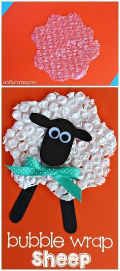 two pictures of sheep made out of bubble wrappers and yarn with the text bubble wrap sheep