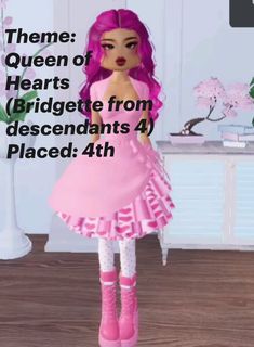 a girl with pink hair and boots is standing in front of a table that says, the queen of hearts bridgegate from descends 4 placed