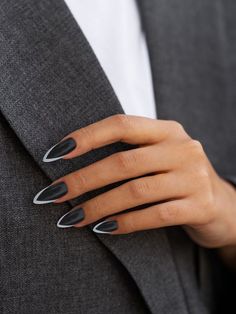 Colorblock French Tip Nails, Black Nail White French Tip, Black With White French Tip Nails, Monochrome French Nails, Black Nails With White French, Black Nails White French Tip, Black Nails With White French Tip, White Nails Black Tips, Black Nails With French Tip