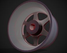 an object that looks like a wheel with red spokes on the rim and black background