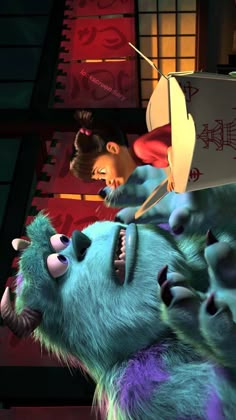 an animated scene with monsters and people in the background