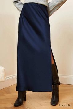 Lasaky - Silk Elastic Waist Side-Slit Midi Skirt Navy Blue Satin Skirt Outfit, Navy Blue Satin Skirt, Blue Satin Skirt Outfit, Lisa Fitness, Blue Satin Skirt, Midaxi Skirt, Love Roses, Umbrella Skirt, Silk Skirt