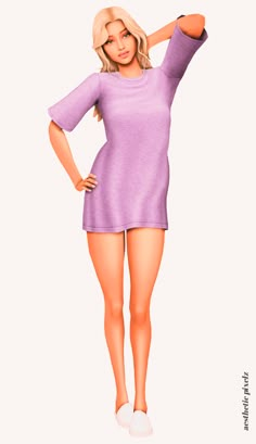 a woman in a short purple dress is posing for the camera with her hands on her hips