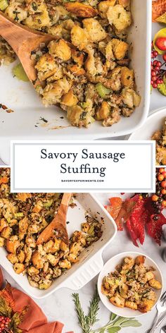 savory sausage stuffing in a casserole dish