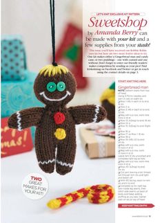 an advertisement for a knitted christmas ornament with a ginger doll hanging from it's side