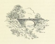 an old drawing of a bridge over a river