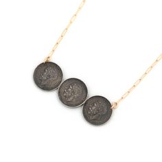 This one-of-a-kind conversion necklace is made up of: Sterling silver Edwardian bar pin pendant from the early 1900s. This former bar pin is composed of three King George V 3 pence coins affixed to a bar. The front of the coins contain the Latin script "GEORGIVS V D.G.BRITT:OMN:REX F.D.IND:IMP:B.M.", which translates to "George the Fifth by the Grace of God King of all the Britains Defender of the Faith Emperor of India". The back of coins show the crowned denomination dividing date within oak w Latin Script, By The Grace Of God, Pin Necklace, King George V, The Grace Of God, Grace Of God, Jewelry King, Three Kings, Pin Pendant