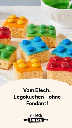 there are many pieces of cake with legos on them and the words vom blech