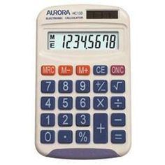 a calculator that is white with purple numbers on the front and bottom panel