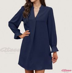 Qteee - Elegant Solid Color Pleated Long Sleeve Loose Dress Spring Navy Long Sleeve Mini Dress, Chic Navy Long Sleeve Mini Dress, Navy Long Sleeve Workwear Dress, Navy Long Sleeve Dress For Work, Navy Long Sleeve Dresses For Work, Casual Navy Mini Dress For Work, Loose Dress, Navy Blue Dresses, Types Of Skirts