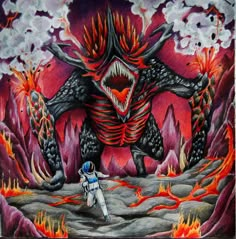 a painting of an alien attacking a man on the moon with fire and lava in the background