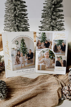 three christmas cards with pictures of babies and pine trees in the background, on top of a burlap sack