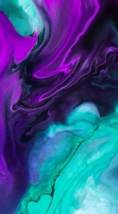 an abstract painting with blue, purple and green fluid paint on it's surface