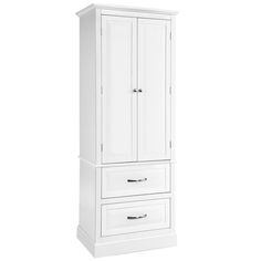 a tall white cabinet with two drawers