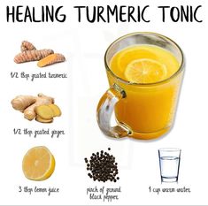 a glass mug filled with orange juice and ingredients to make turmetic tonics