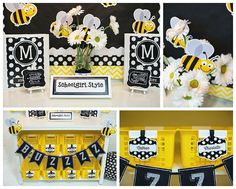 a collage of photos with yellow and black decorations, flowers, and bums