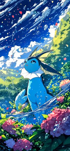 an image of pokemon in the water surrounded by flowers