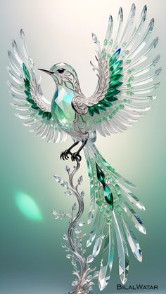 a crystal bird with green and white feathers on it's body, standing in front of a light blue background