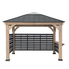 a wooden gazebo with metal roof and black shutters on the sides, isolated against a white background