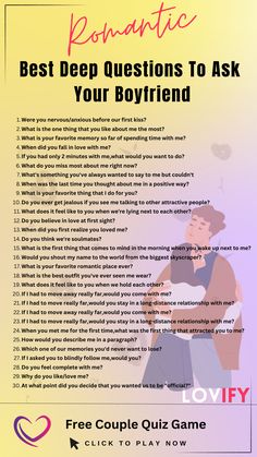 💬💑 Delve into the depths of connection with these thought-provoking queries designed to uncover the layers of your relationship. From dreams to fears, these questions will ignite meaningful conversations and strengthen the bond with your boyfriend. Get ready for a journey of introspection and shared vulnerability! 🌌❤️ Questions For Your Partner, Questions For Your Boyfriend, Fun Couple Questions, Questions To Ask Each Other, Probing Questions, Couple Quiz, Best Questions To Ask, Couple Game, Relationship Quiz