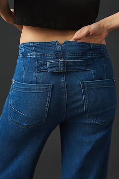 Equal parts clean and casual, the Kit delights with a pocketless design, a roomy wide leg, and a cinch detail for that just-so fit. | The Kit High-Rise Wide-Leg Utility Trouser Jeans by Pilcro in Blue, Women's, Size: 32 P, Cotton/Elastane/Lyocell at Anthropologie High Rise Wide Leg Jeans, Cropped Wide Leg Jeans, Cropped Wide Leg Pants, Winter Jeans, The Kit, Jeans Wide, Blue Fits, Denim Details, Loose Blouse