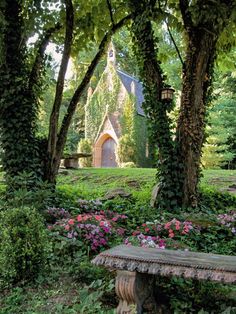 a bench sitting in the middle of a lush green park with trees and flowers around it