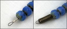 two pictures of blue beads and wire