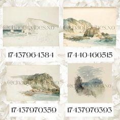 four pictures with different watercolors and numbers on them, each showing an island in the