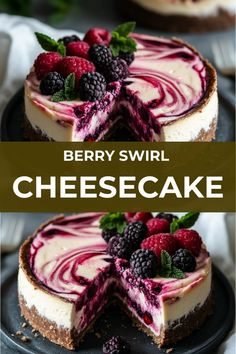 A delightful cheesecake swirled with a fresh berry puree, adding a burst of fruity flavor and a beautiful marbled effect. Perfect for those who love the combination of creamy and tart. Berry Swirl Cheesecake, Mixed Berry Cheesecake Recipes, Cheesecake Decorating Ideas Birthday, Boysenberry Cheesecake, Pretty Cheesecake, Unusual Desserts, Triple Berry Cheesecake, Cheesecake Factory Inspired Recipes, Berry Cheesecake Recipes