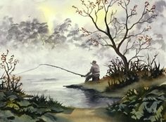 a painting of a man fishing in the water with trees and bushes around him on a foggy day