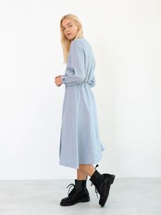 "DIA is a long sleeve midi linen dress with coconut buttons. DETAILS - Coconut buttons - Long sleeves - Midi length - 100% lightweight European linen fabric - Cut and sewn to order just for you in our studio COLOR - Bluestone, you can also choose other colors above - Fabric samples are available here https://www.etsy.com/listing/586569696/linen-fabric-samples SIZING & FIT - True to size - Length is approximately 44 inches / 113 cm - Bust (pit to pit) is approximately 16.5 inches / 42 cm - Wa Casual Long Sleeve Midi Dress With Button Cuffs, Casual Linen Dress With Button Cuffs For Spring, Chic Long Sleeve Linen Dress With Buttons, Casual Linen Long Sleeve Dress With Button Closure, Spring Linen Shirt Dress With Button Cuffs, Linen Shirt Dress With Button Cuffs For Spring, Spring Linen Button-up Dress For Day Out, Spring Linen Dress With Button Closure, Casual Long Sleeve Linen Dress With Button Closure