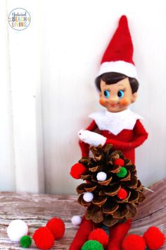 an elf is sitting next to a pine cone