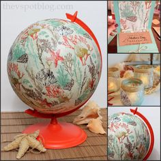 a collage of photos showing the inside of a globe and its contents, including candles