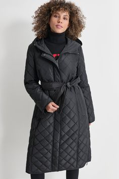 Quilted Trench style Long sleeve Hooded Front pockets Tie at waist Front zipper and button closure Synthetic Origins: Imported Style: DLSMPN38 | DKNY Women's Long Quilted Trench in Black Size Small Black Quilted Hooded Outerwear, Quilted Black Hooded Outerwear, Black Quilted Long Sleeve Hooded Jacket, Fall Quilted Long Sleeve Hooded Jacket, Fitted Fall Outerwear With Adjustable Hood, Winter Outerwear With Adjustable Hood For Work, Winter Workwear Outerwear With Adjustable Hood, Black Double-lined Hooded Outerwear For Fall, Black Outerwear With Double-lined Hood For Fall